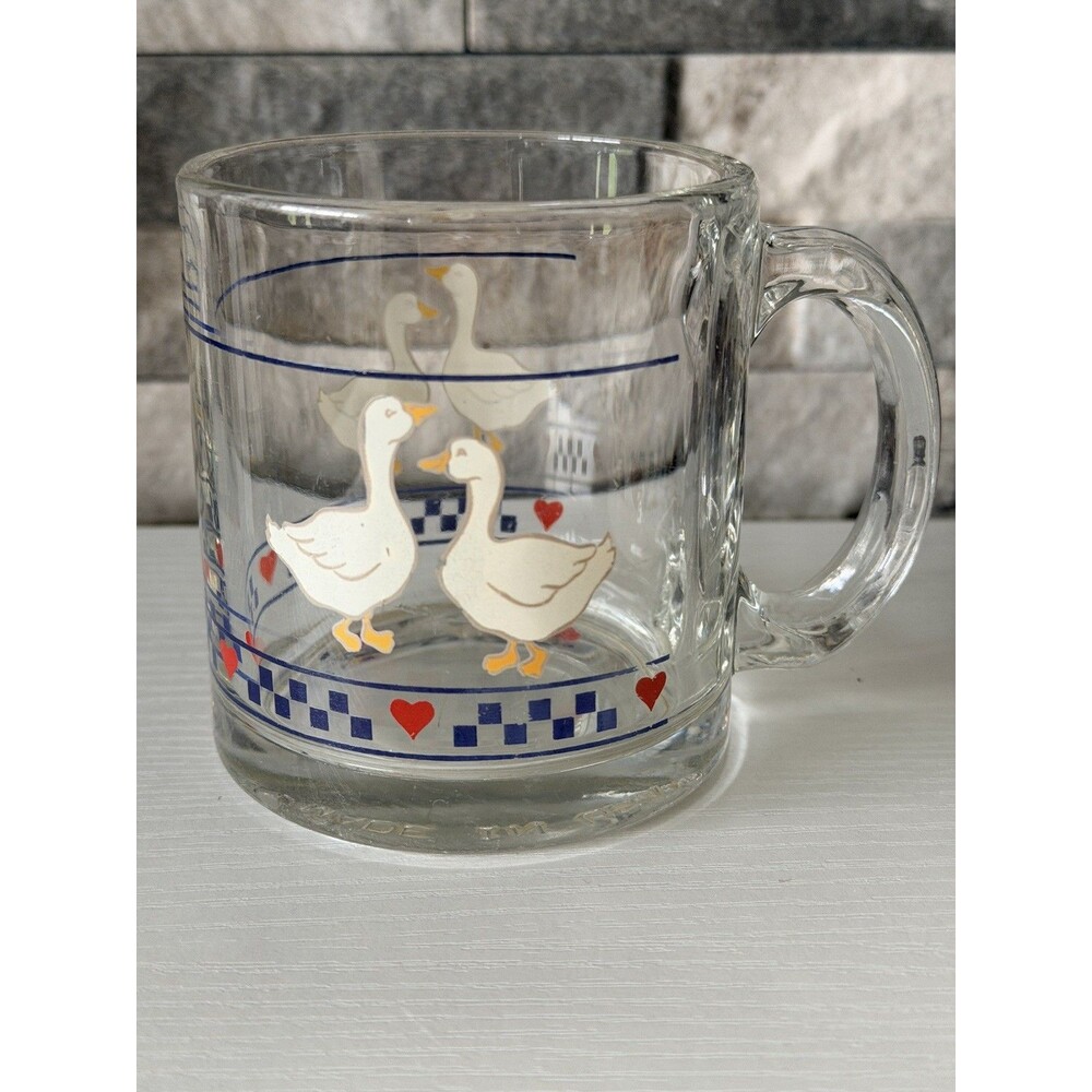 Vintage Libbey "Country Geese" glass mug with blue checkered band with red heart